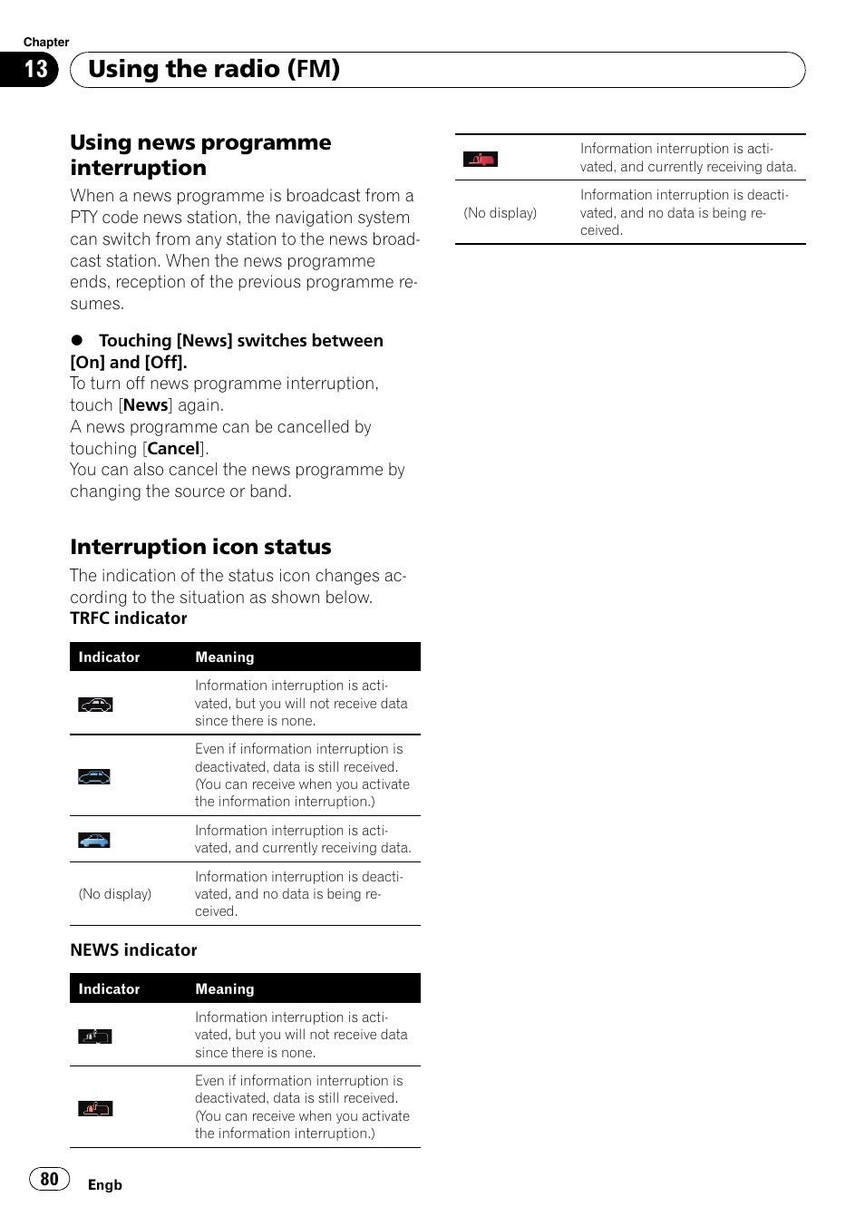 Using news programme, Interruption, Interruption icon status 80 | Using the radio (fm), Using news programme interruption, Interruption icon status | Pioneer AVIC-F10BT User Manual | Page 80 / 172