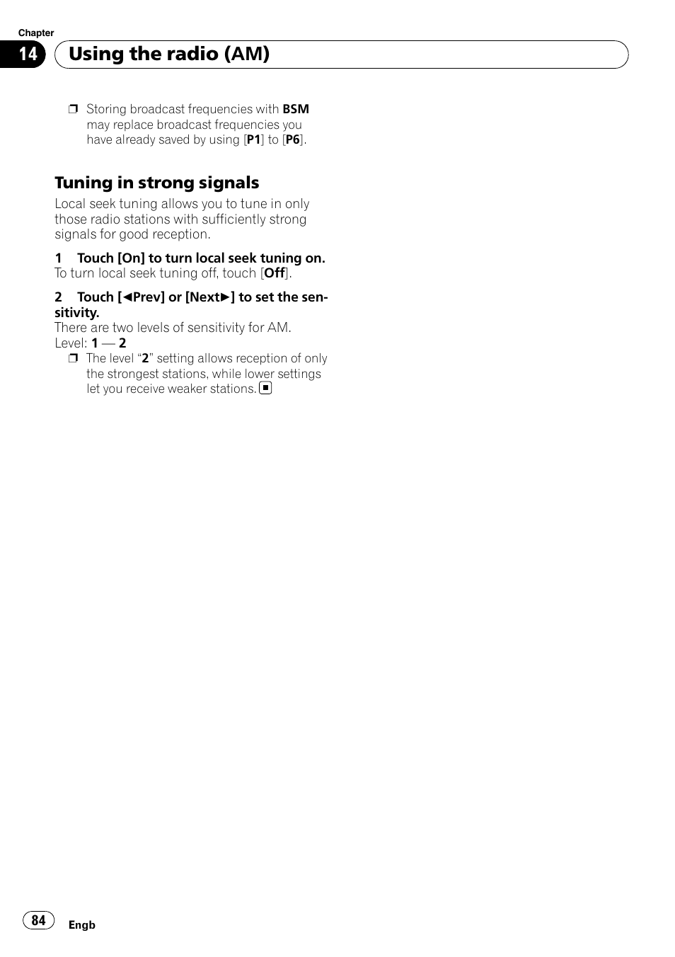 Tuning in strong signals 84, Using the radio (am), Tuning in strong signals | Pioneer AVIC-F10BT User Manual | Page 84 / 172