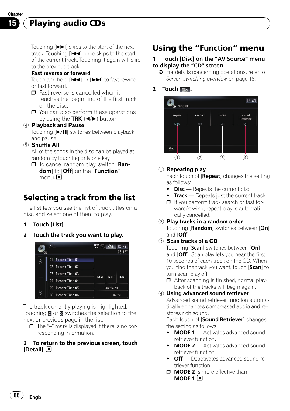 Selecting a track from the list, Using the, Function” menu 86 | Using the “function” menu, Playing audio cds | Pioneer AVIC-F10BT User Manual | Page 86 / 172