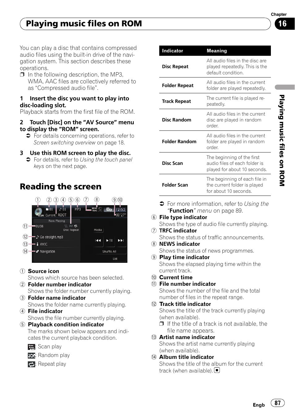 Playing music files on rom reading the screen, Reading the screen, Playing music files on rom | Pioneer AVIC-F10BT User Manual | Page 87 / 172