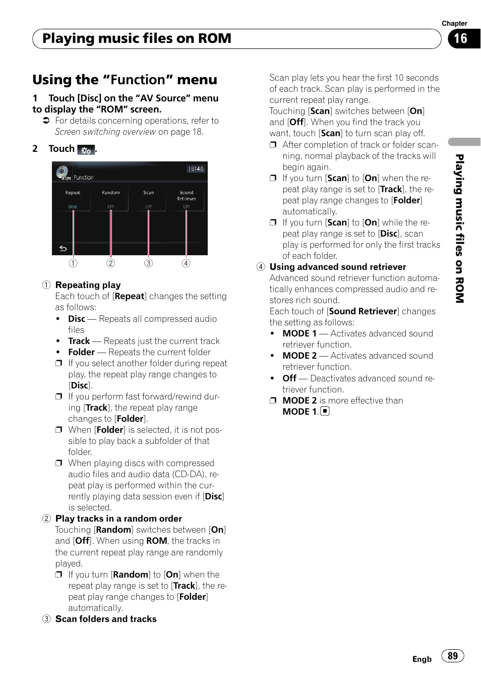 Using the, Function” menu 89, Using the “function” menu | Playing music files on rom | Pioneer AVIC-F10BT User Manual | Page 89 / 172