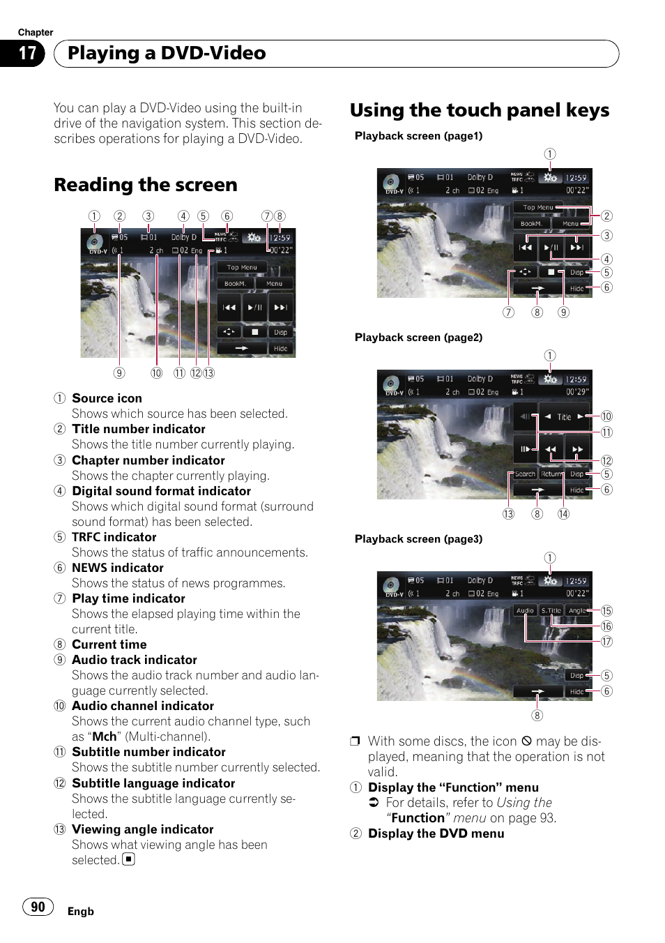 Playing a dvd-video reading the screen, Using the touch panel keys, Reading the screen | Playing a dvd-video | Pioneer AVIC-F10BT User Manual | Page 90 / 172