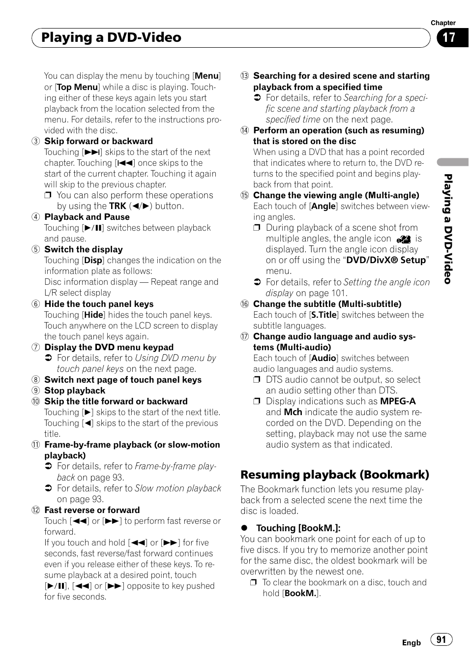 Resuming playback (bookmark) 91, Playing a dvd-video, Resuming playback (bookmark) | Pioneer AVIC-F10BT User Manual | Page 91 / 172