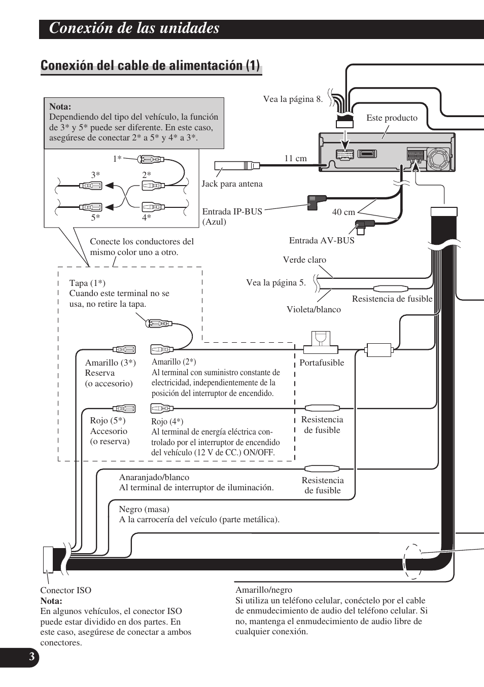 Conexión del cable de alimentación (1), Conexión de las unidades | Pioneer AVH-P6400R User Manual | Page 16 / 76