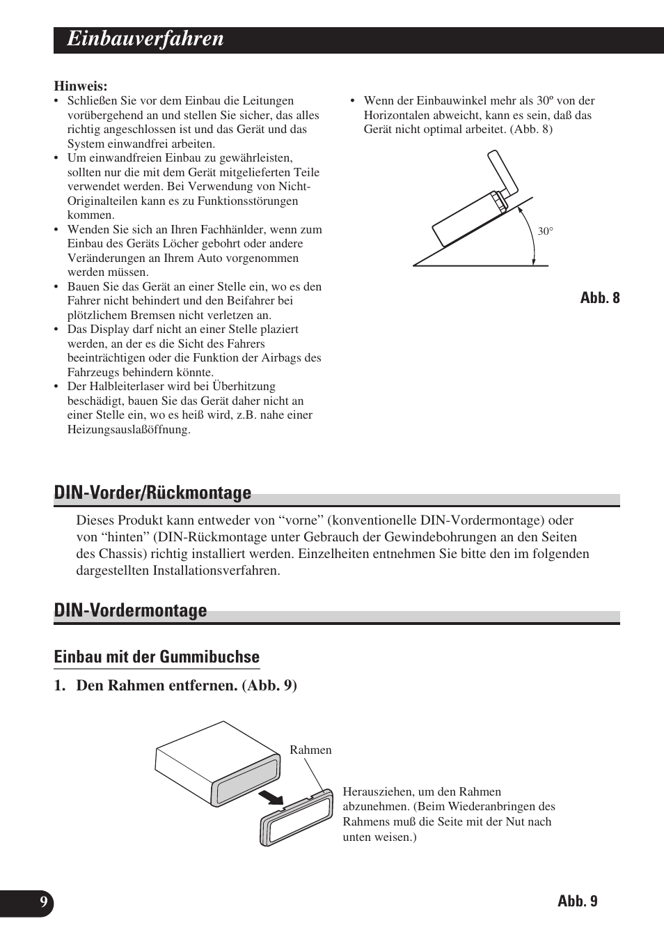 Einbauverfahren, Din-vorder/rückmontage din-vordermontage, Din-vorder/rückmontage | Din-vordermontage, Einbau mit der gummibuchse | Pioneer AVH-P6400R User Manual | Page 34 / 76