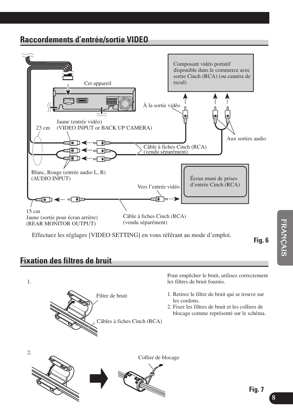 Raccordements d’entrée/sortie video, Fixation des filtres de bruit | Pioneer AVH-P6400R User Manual | Page 45 / 76