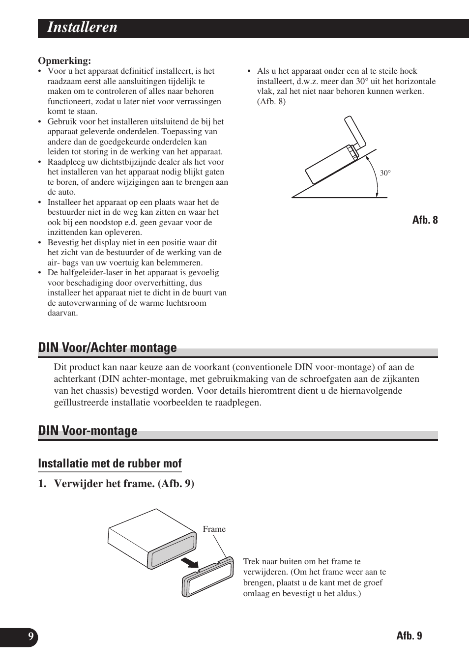 Installeren, Din voor/achter montage din voor-montage, Din voor/achter montage | Din voor-montage, Installatie met de rubber mof | Pioneer AVH-P6400R User Manual | Page 70 / 76