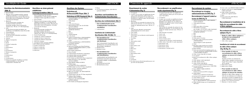 Anschließen der geräte <deutsch, Connexion des appareils <français, Branchement du cordon d’alimentation (fig. 5) | Anschluss des betriebsstromkabels (abb. 5), Anschluss des systems, Raccordement du système, Anschluss des lichtleiterkabels (abb. 9), Raccordement du câble à fibres optiques (fig. 9) | Pioneer DEQ-P6600 User Manual | Page 7 / 8