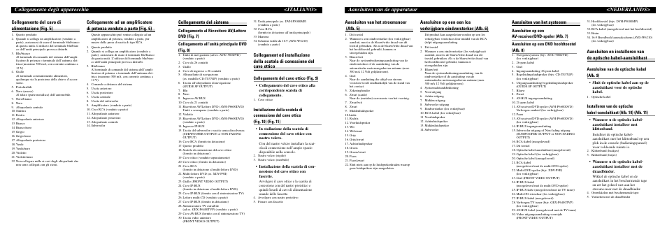 Collegamento degli apparecchio <italiano, Aansluiten van de apparatuur <nederlands, Collegamento del cavo di alimentazione (fig. 5) | Collegamento del sistema, Aansluiten van het stroomsnoer (afb. 5), Aansluiten van het systeeem, Collegamento del cavo ottico (fig. 9), Aansluiten van de optische kabel (afb. 9) | Pioneer DEQ-P6600 User Manual | Page 8 / 8