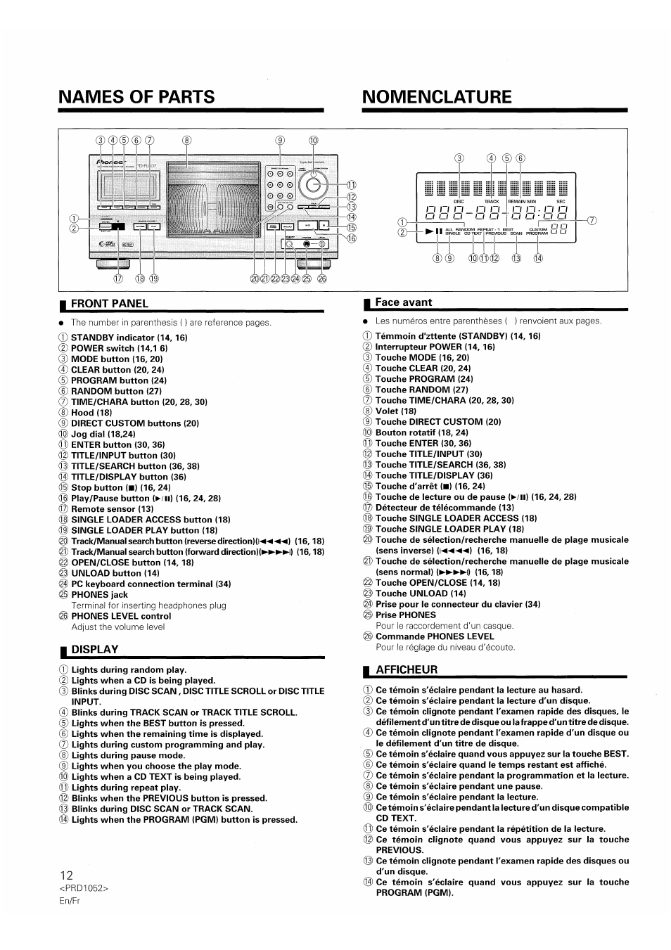 Front panel, Names of parts nomenclature, Front panel face avant | I display, 1 afficheur | Pioneer PD-F1007 User Manual | Page 12 / 84