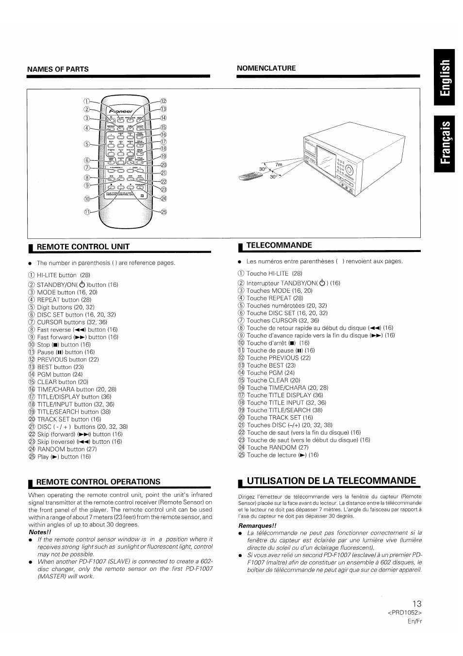Remote control unit, Telecommande, I remote control operations | 1 utilisation de la telecommande | Pioneer PD-F1007 User Manual | Page 13 / 84