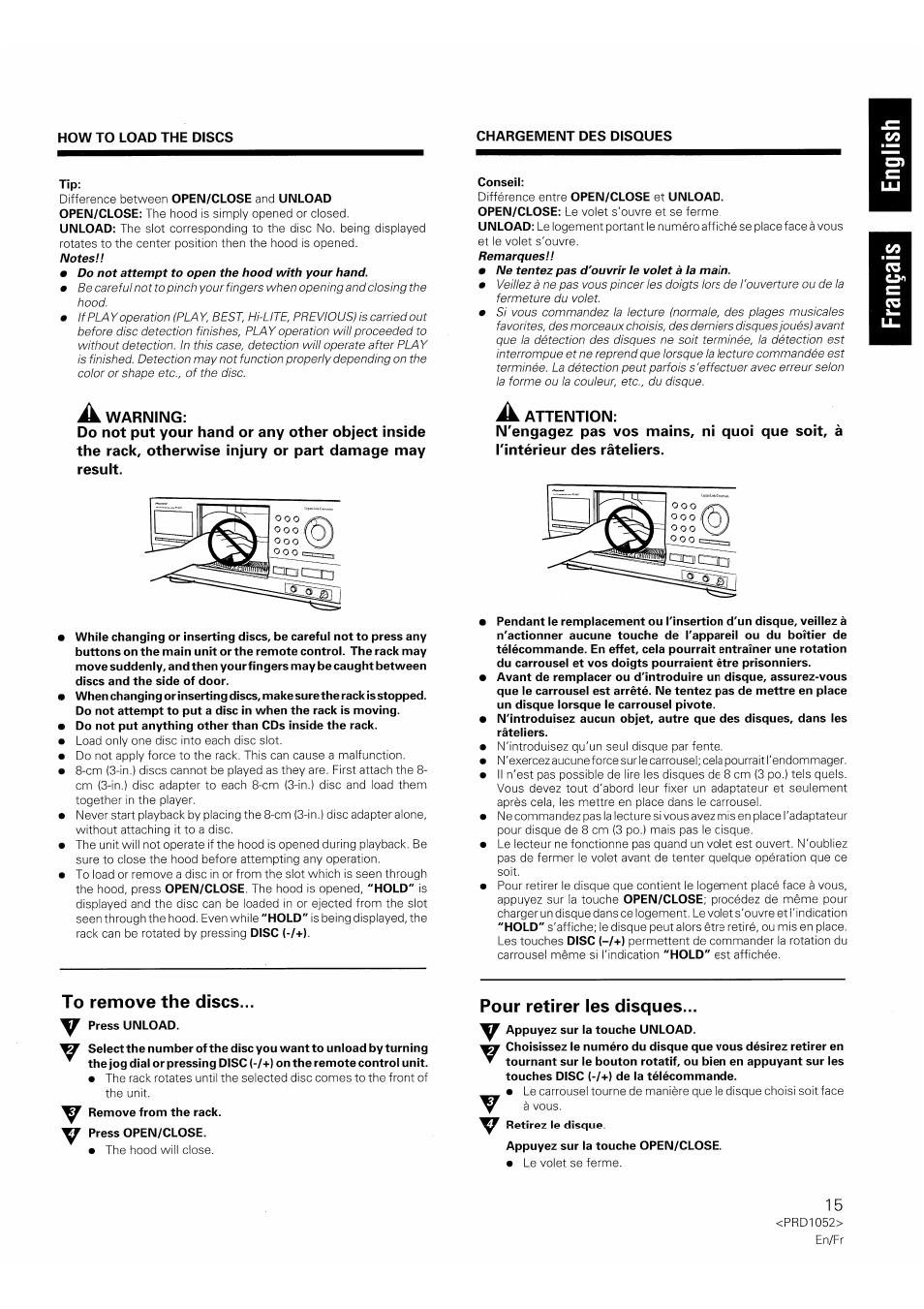 How to load the discs, Chargement des disques, Warning | Attention, Howto load the discs, Pour retirer les disques | Pioneer PD-F1007 User Manual | Page 15 / 84