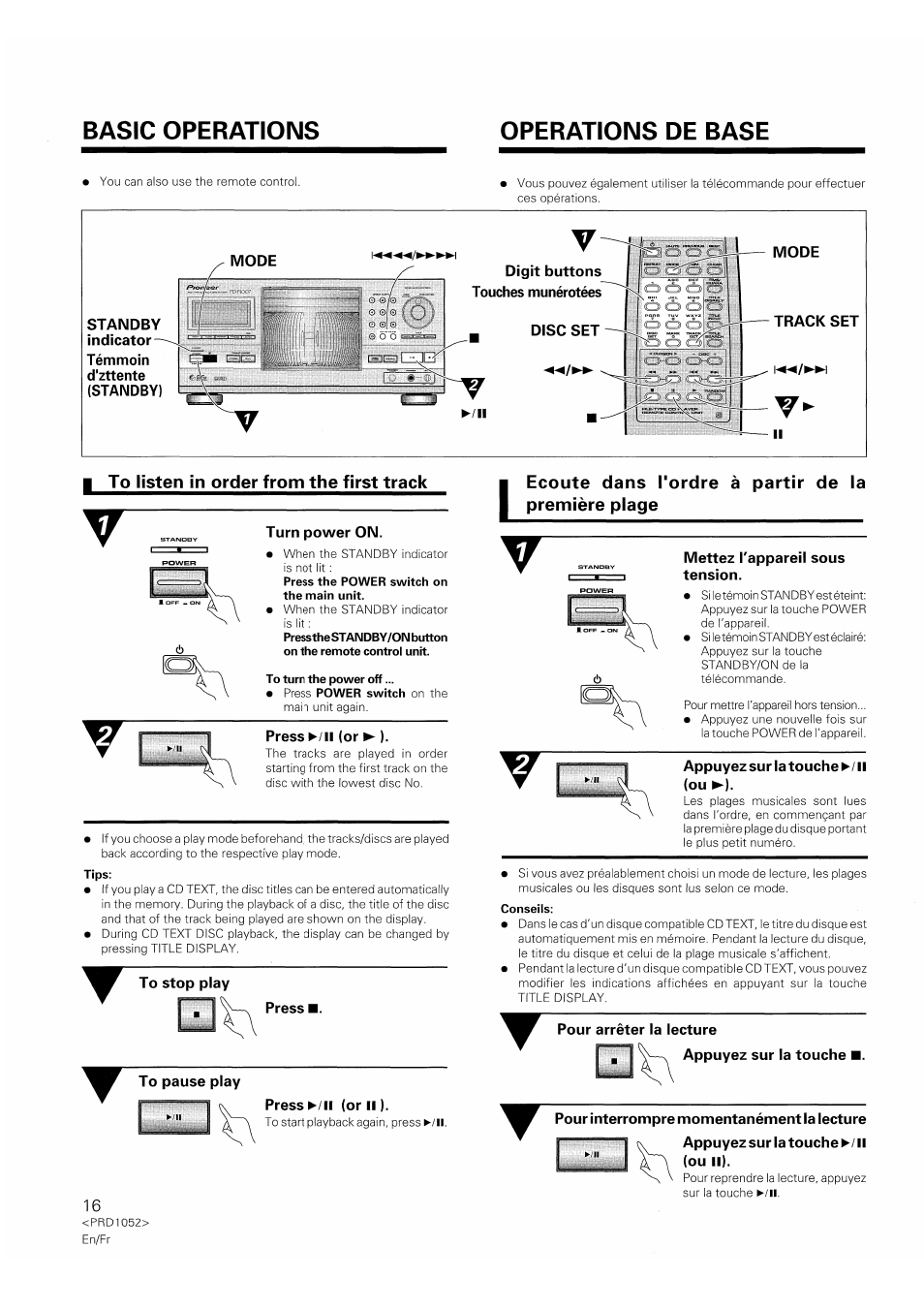 Standby, Indicator, Témmoin | D'zttente, Standby), Digit buttons touches munérotées, Disc set, Turn power on, Press ►/!! (or ► ), To stop play | Pioneer PD-F1007 User Manual | Page 16 / 84