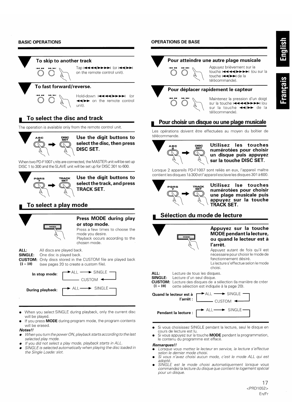 I to select the disc and track, I to select a play mode, I pour choisir un disque ou une plage musicale | Sélection du mode de lecture | Pioneer PD-F1007 User Manual | Page 17 / 84