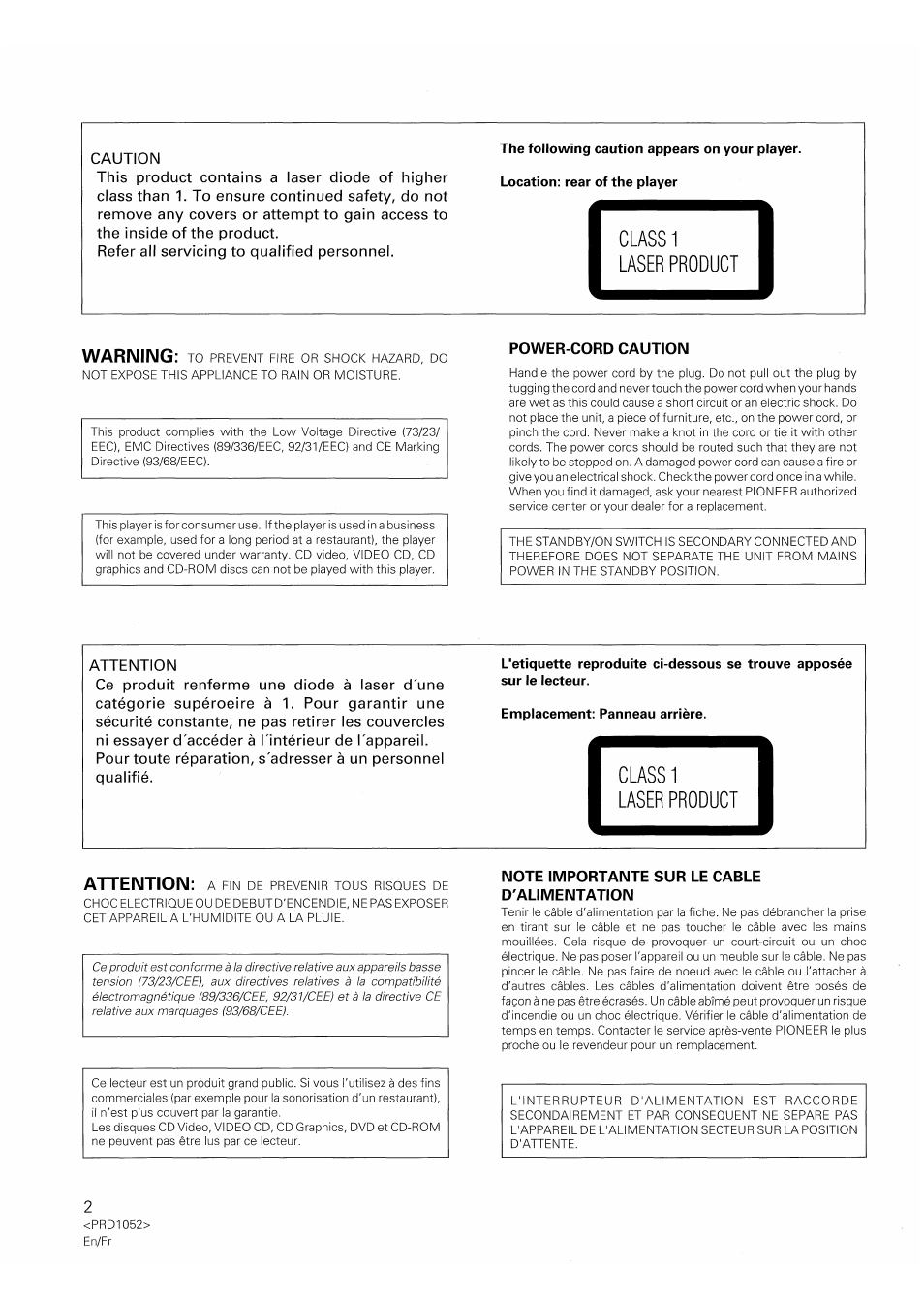 Power-cord caution, Emplacement: panneau arrière, Note importante sur le cable d'alimentation | Classi laser product, Warning, Attention | Pioneer PD-F1007 User Manual | Page 2 / 84