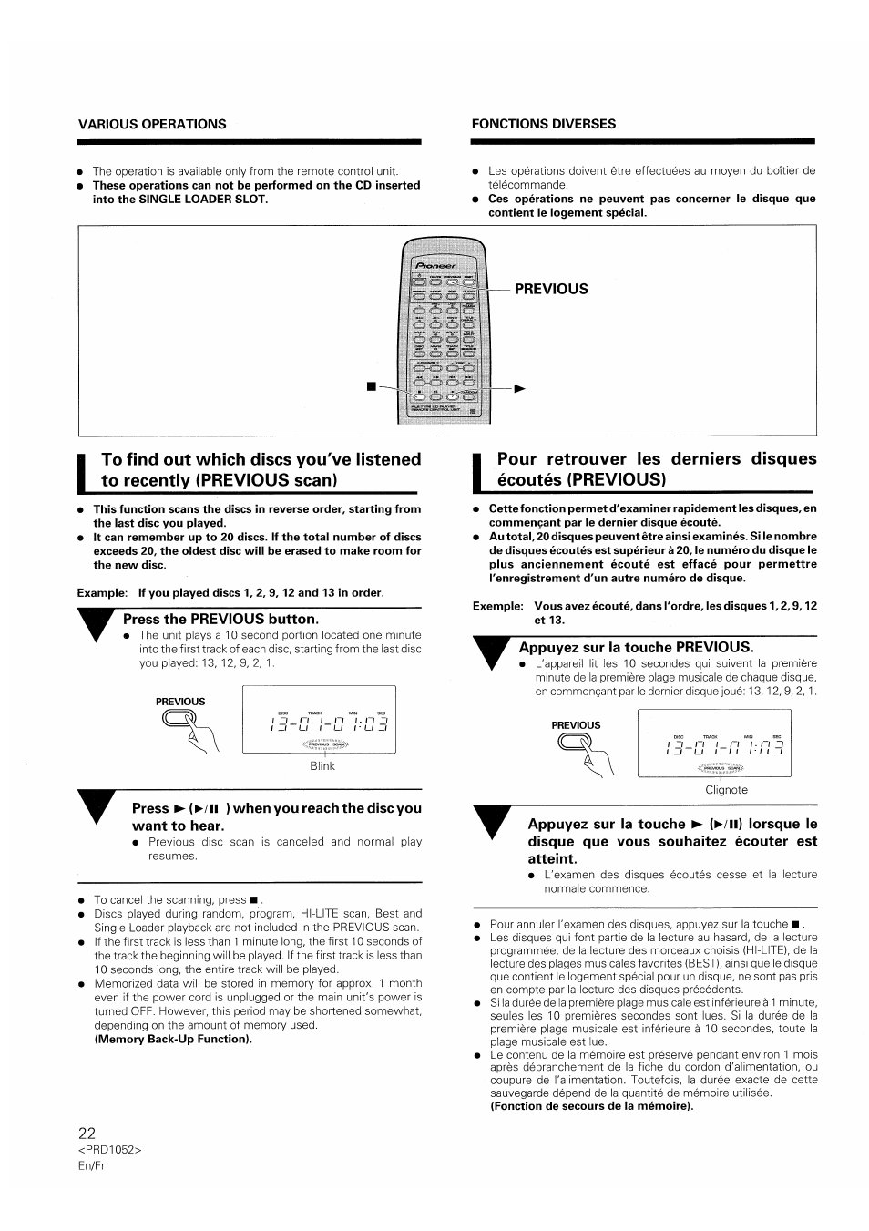 Press the previous button, Appuyez sur la touche previous, Previous | Press, When you reach the disc you want to hear | Pioneer PD-F1007 User Manual | Page 22 / 84