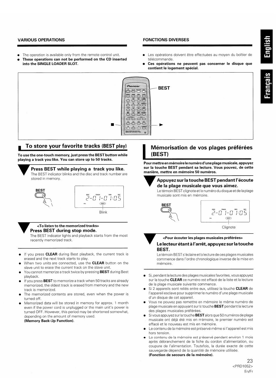 Best, Press best while playing a track you like, Press best during stop mode | Mémorisation de vos plages préférées (best) | Pioneer PD-F1007 User Manual | Page 23 / 84