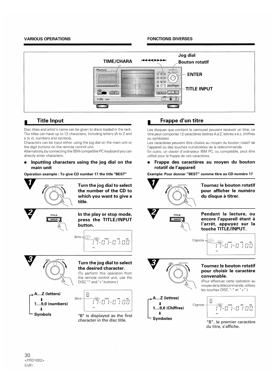 A....z (letters), 1 ,0 (numbers) i, Symbols | A....z (lettres), T ,0 (chiffres) l, Symboles, Title input frappe d'un titre, I~r 1 | Pioneer PD-F1007 User Manual | Page 30 / 84