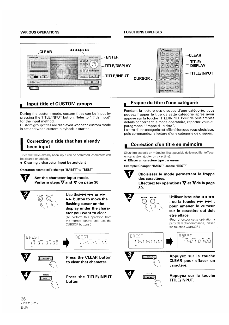 J input title of custom groups, Correcting a title that has already been input, Frappe du titre d'une catégorie | Correction d'un titre en mémoire | Pioneer PD-F1007 User Manual | Page 36 / 84