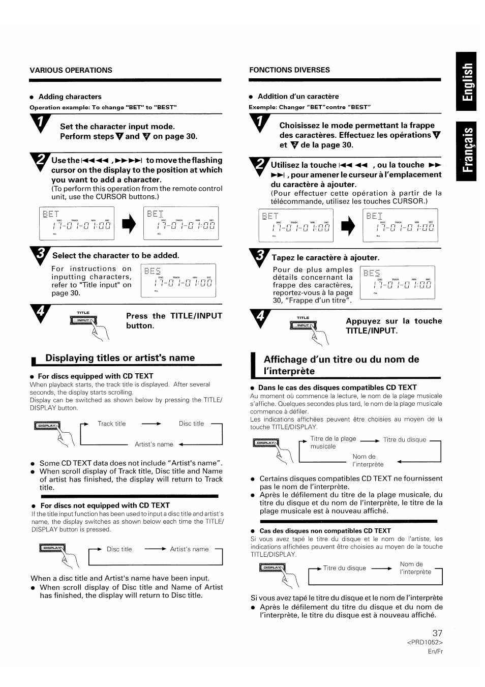 Adding characters, For discs equipped with cd text, Dans le cas des disques compatibles cd text | For discs not equipped with cd text, I displaying titles or artist's name, Affichage d'un titre ou du nom de l'interprète | Pioneer PD-F1007 User Manual | Page 37 / 84