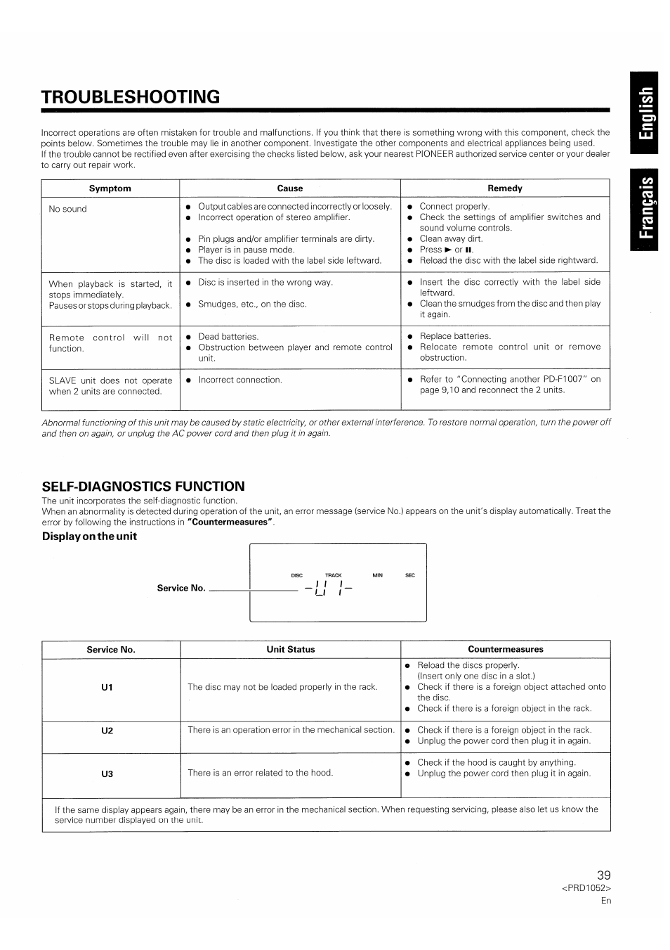 Display on the unit, Troubleshooting, Self-diagnostics function | Pioneer PD-F1007 User Manual | Page 39 / 84