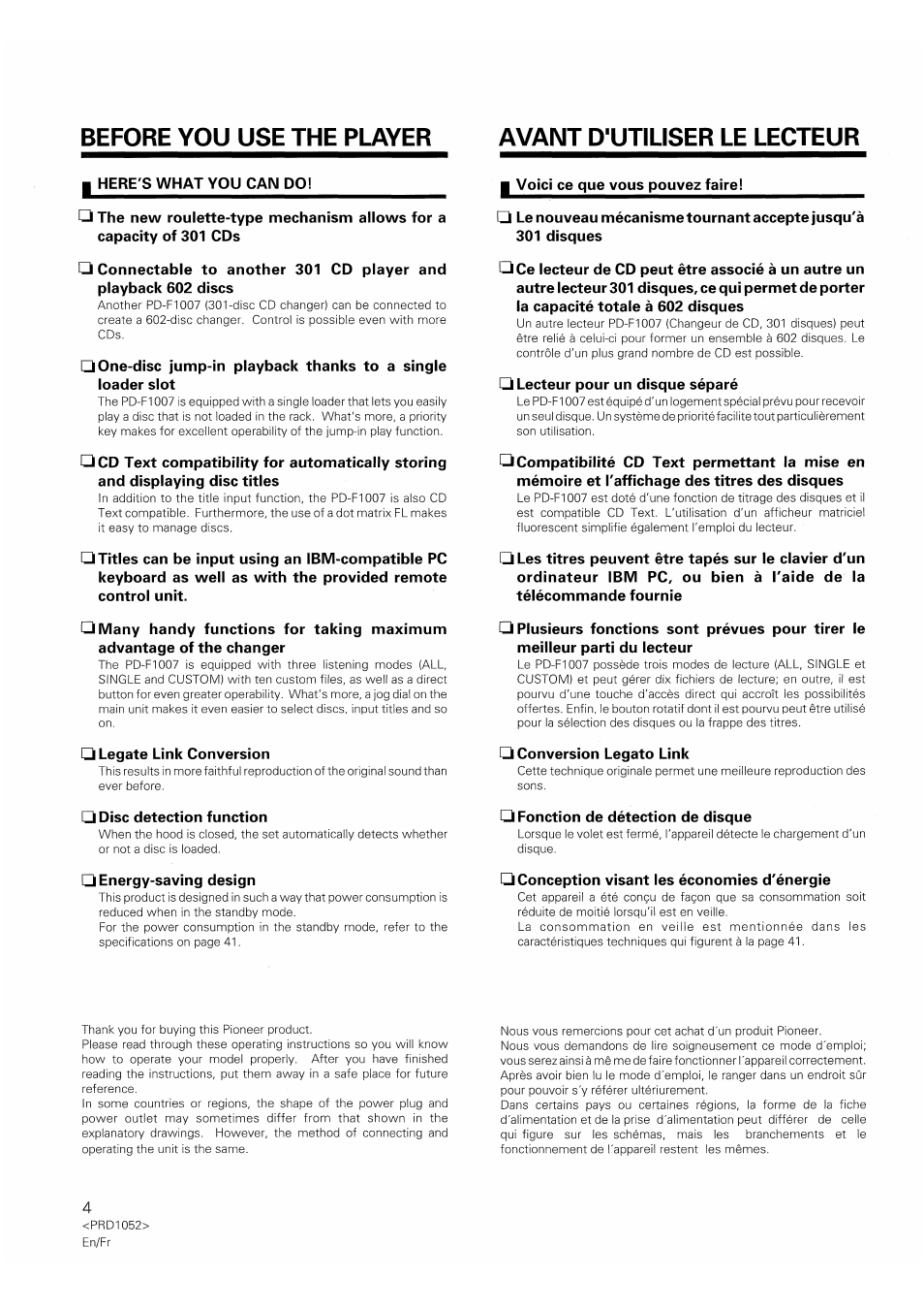 Before you use the player, Avant d'utiliser le lecteur, Legate link conversion | Disc detection function, Energy-saving design, Lecteur pour un disque séparé, Conversion legato link, Fonction de détection de disque, Conception visant les économies d'énergie | Pioneer PD-F1007 User Manual | Page 4 / 84