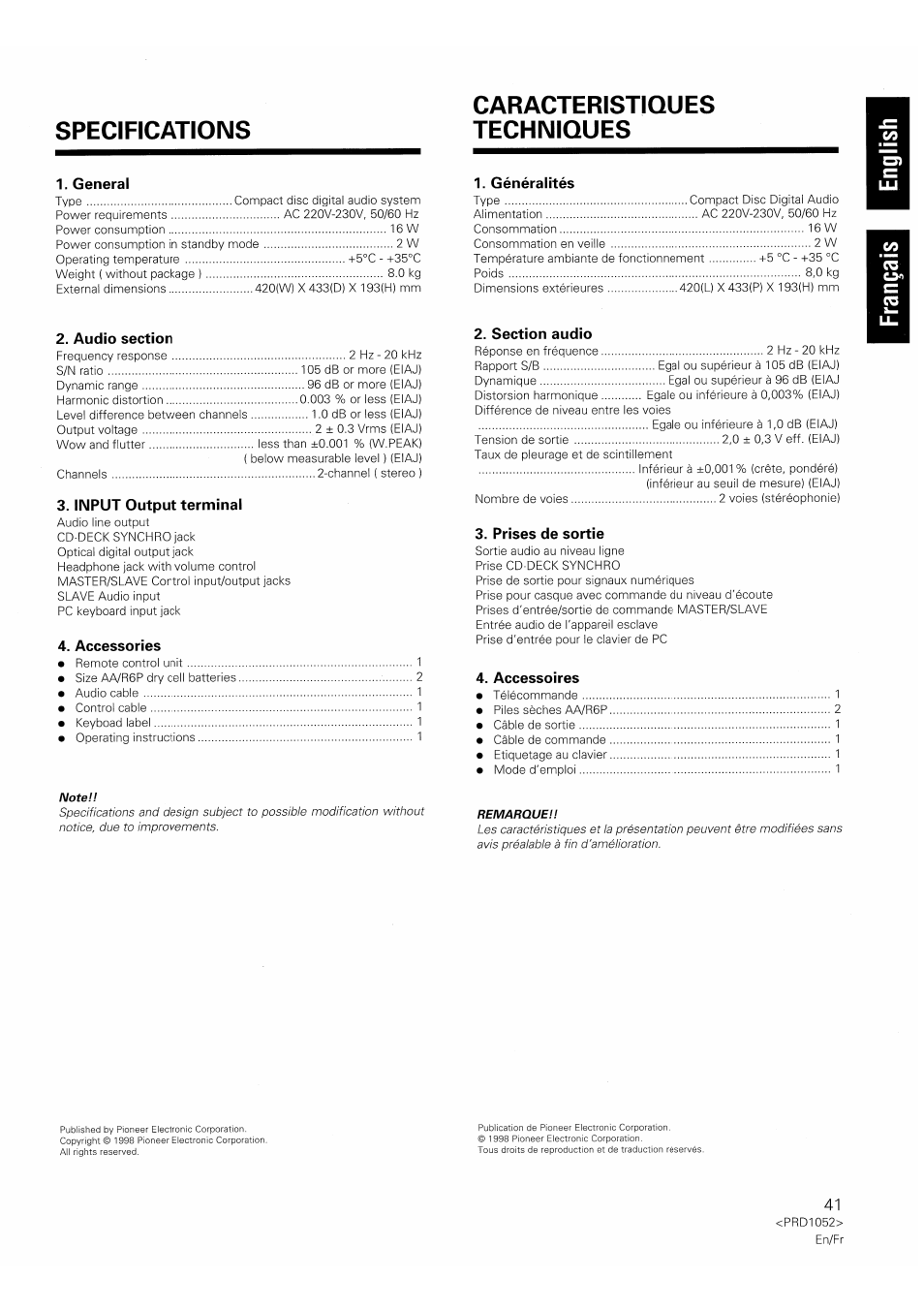 Specifications caracteristiques techniques, General, Input output terminal | Accessories, Généralités, Prises de sortie, Accessoires | Pioneer PD-F1007 User Manual | Page 41 / 84