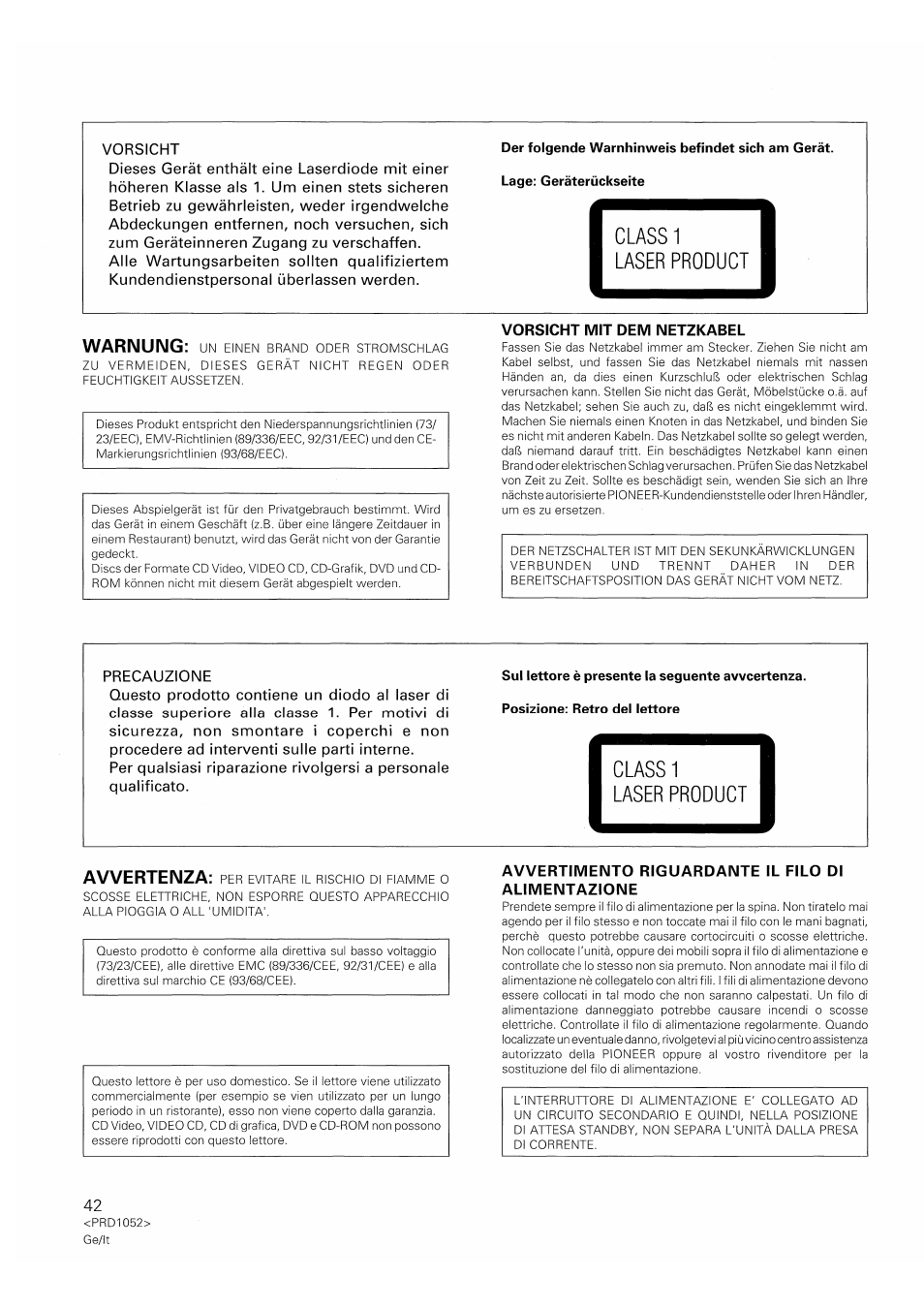 Vorsicht mit dem netzkabel, Avvertimento riguardante il filo di alimentazione, Laser product | Warnung, Avvertenza | Pioneer PD-F1007 User Manual | Page 42 / 84