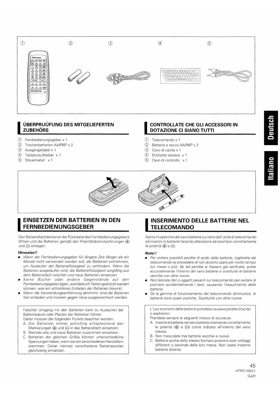 Uberpruufung des mitgelieferten zubehörs, Einsetzen der batterien in den fernbedienungsgeber, Inserimento delle batterie nel telecomando | Pioneer PD-F1007 User Manual | Page 45 / 84