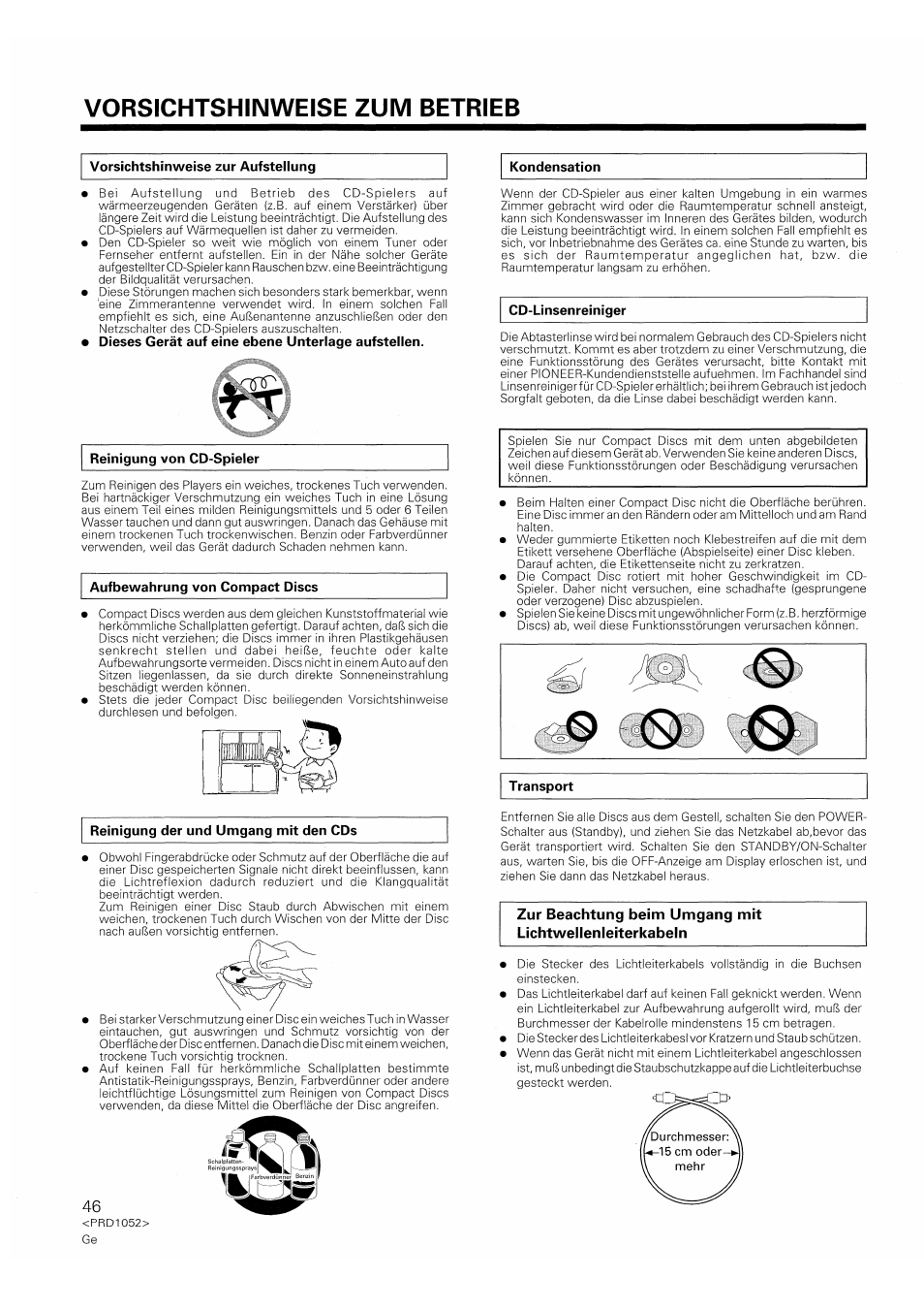 Vorsichtshinweise zur aufstellung, Kondensation, Transport | Vorsichtshinweise zum betrieb, Aufbewahrung von compact discs, Reinigung der und umgang mit den cds, Cd-ünsenreiniger | Pioneer PD-F1007 User Manual | Page 46 / 84