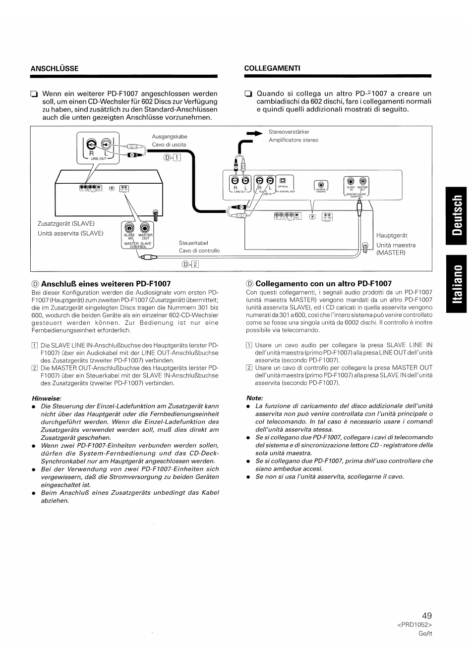 Anschluß eines weiteren pd-f1007, Collegamento con un altro pd-fl007, Prd1052> ge/lt | Pioneer PD-F1007 User Manual | Page 49 / 84