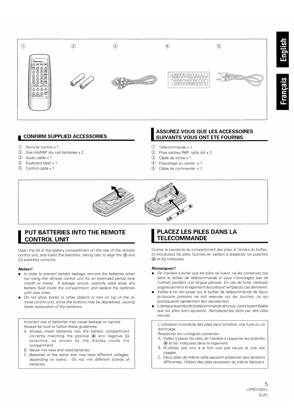 1 confirm supplied accessories, Put batteries into the remote control unit, Placez les piles dans la telecommande | Pioneer PD-F1007 User Manual | Page 5 / 84