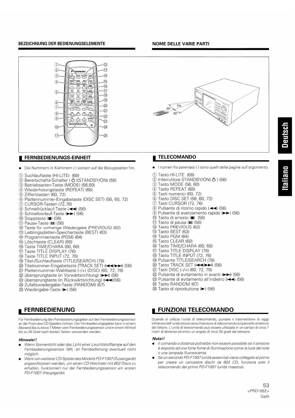 Fernbedienung, Funzioni telecomando | Pioneer PD-F1007 User Manual | Page 53 / 84