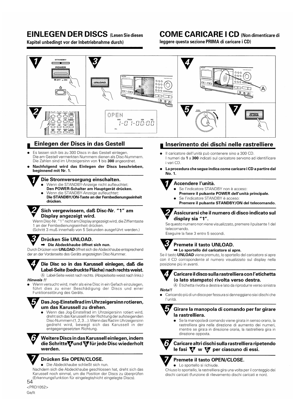Einlegen der discs, Come caricare i cd | Pioneer PD-F1007 User Manual | Page 54 / 84