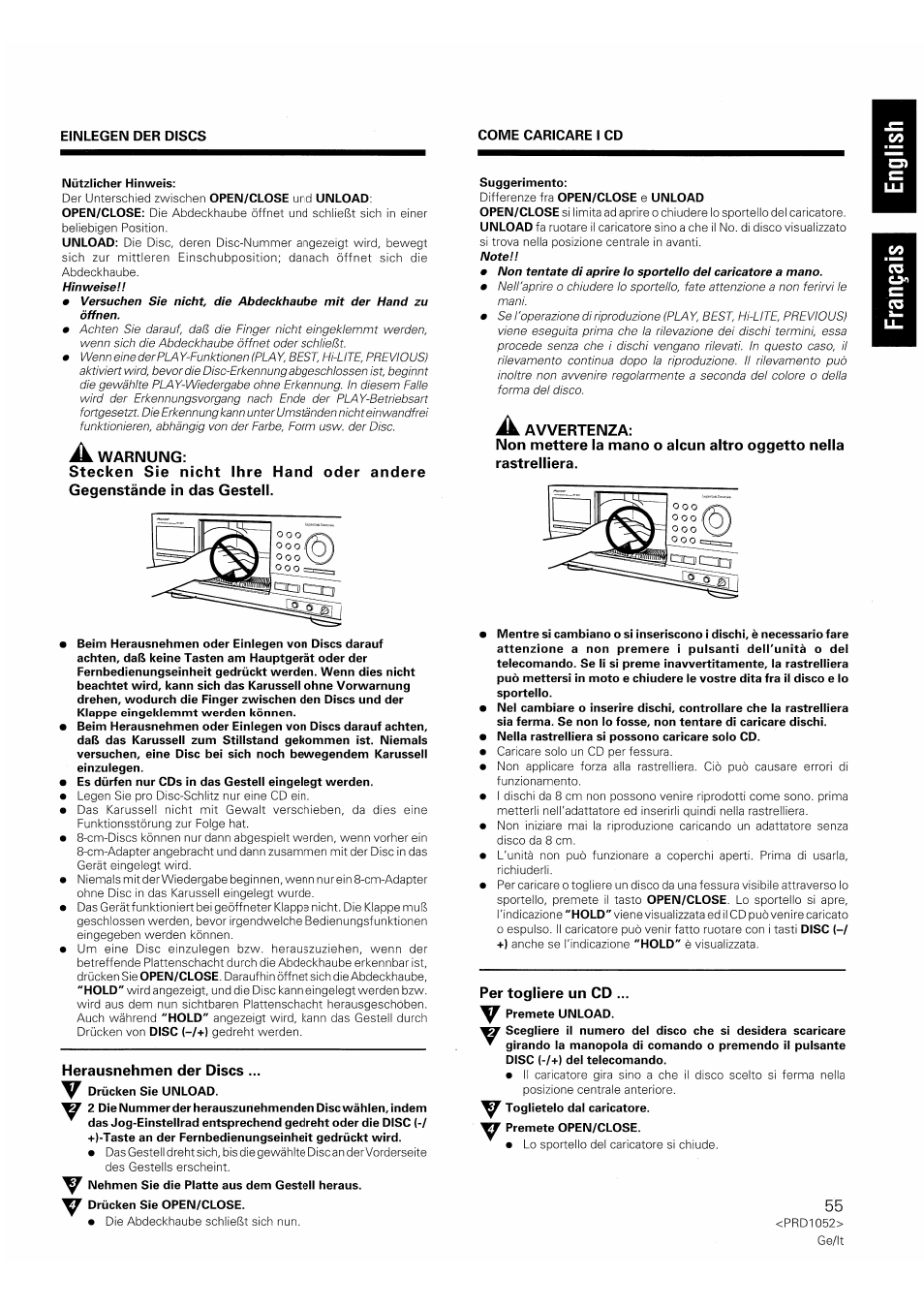 A warnung, Herausnehmen der discs, Avvertenza | Per togliere un cd | Pioneer PD-F1007 User Manual | Page 55 / 84