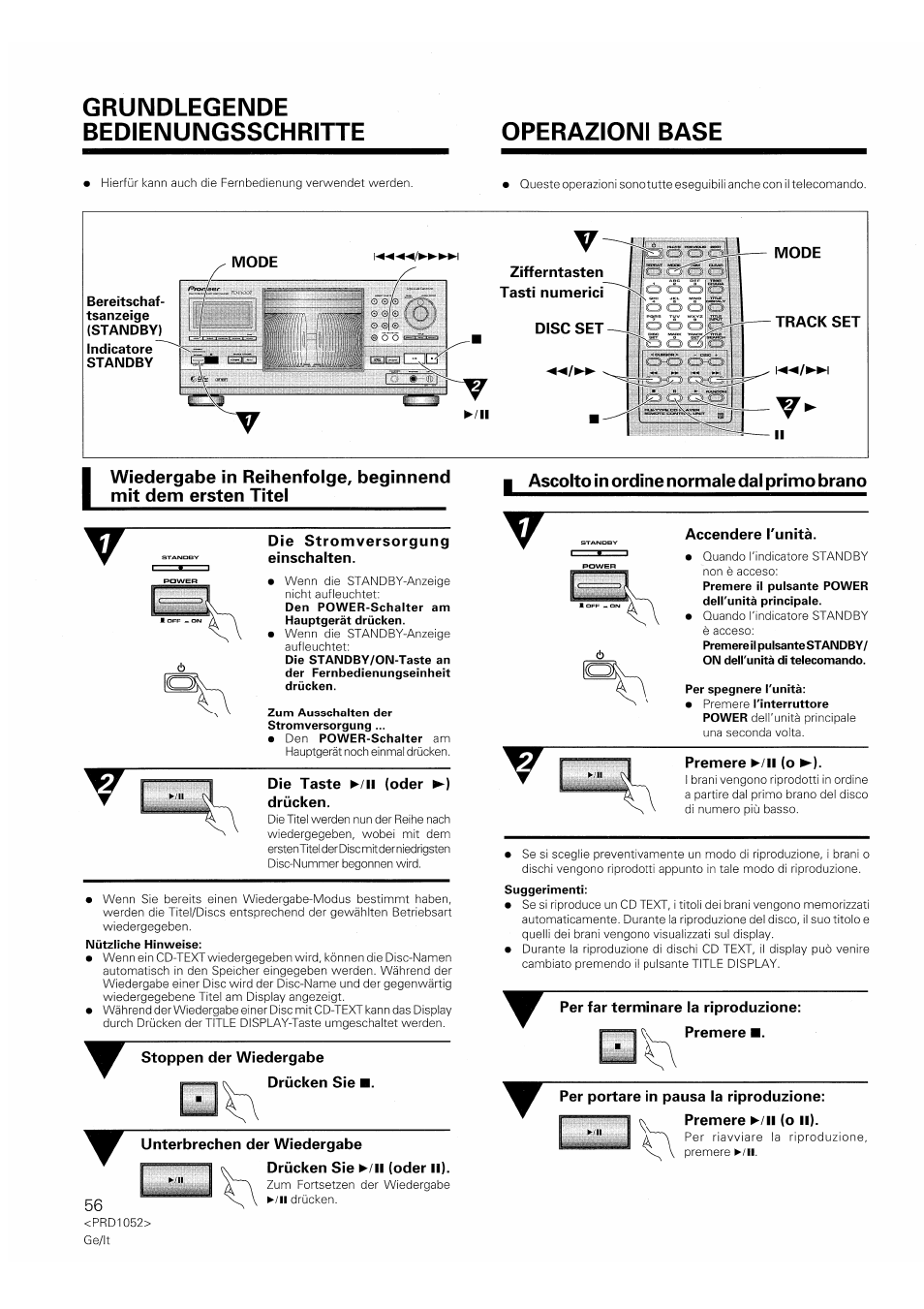 Bereitschaf, Tsanzeige, Standby) | Indicatore, Standby, Zifferntasten tasti numerici, Disc set, Die stromversorgung einschalten, Die taste ►/» (oder ►) drücken, Stoppen der wiedergabe | Pioneer PD-F1007 User Manual | Page 56 / 84