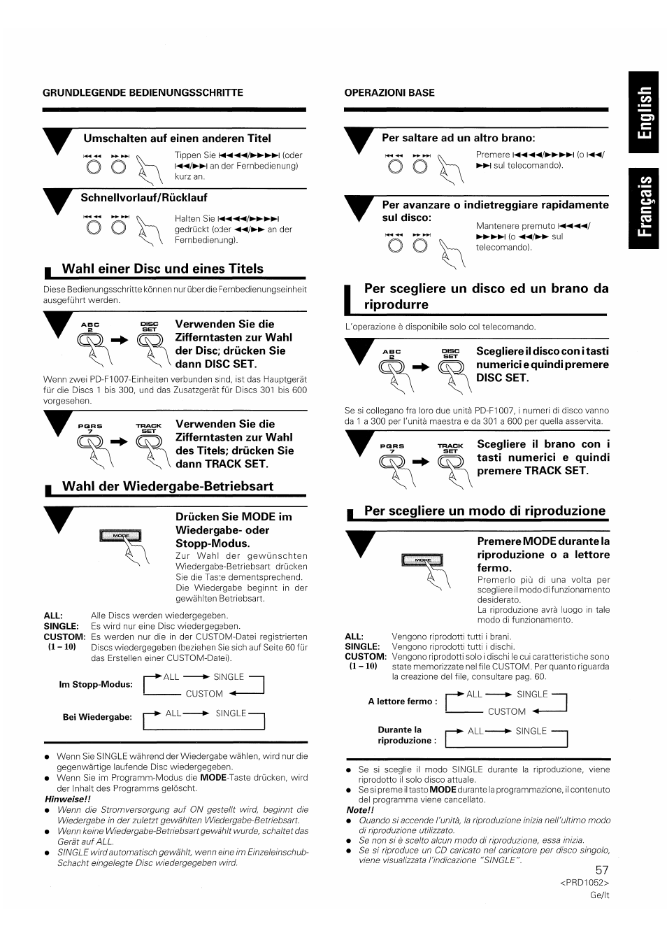I wahl einer disc und eines titels, I wahl der wiedergabe-betriebsart, Per scegliere un disco ed un brano da riprodurre | Per scegliere un modo di riproduzione | Pioneer PD-F1007 User Manual | Page 57 / 84