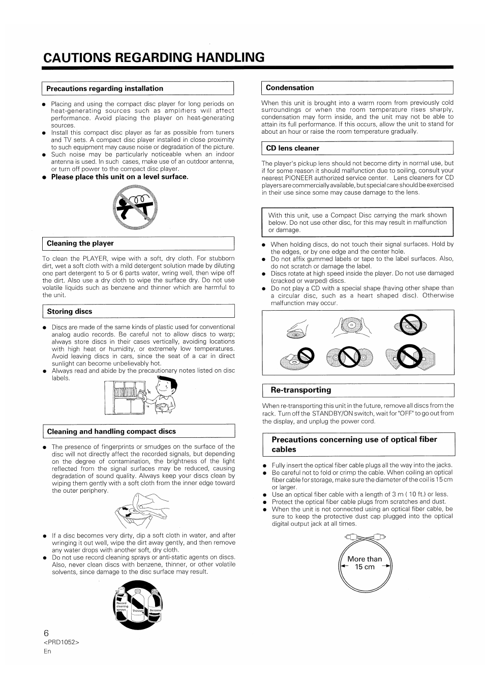 Precautions regarding installation, Cleaning the player, Storing discs | Cleaning and handling compact discs, Condensation, Cd lens cleaner, Cautions regarding handling | Pioneer PD-F1007 User Manual | Page 6 / 84