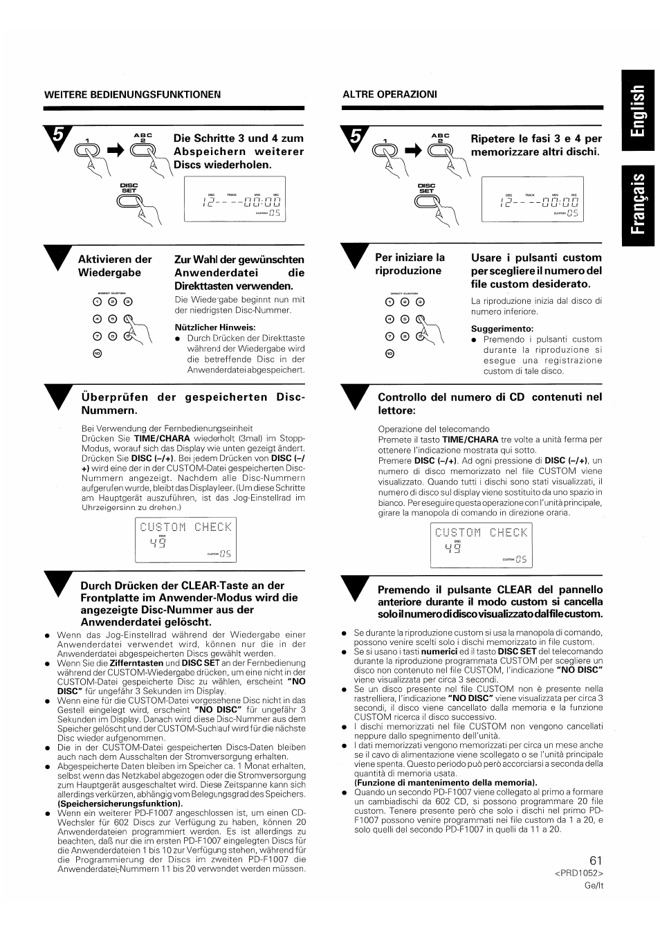 Aktivieren der wiedergabe, Überprüfen der gespeicherten disc- nummern, Controllo del numero di cd contenuti nel lettore | Pioneer PD-F1007 User Manual | Page 61 / 84