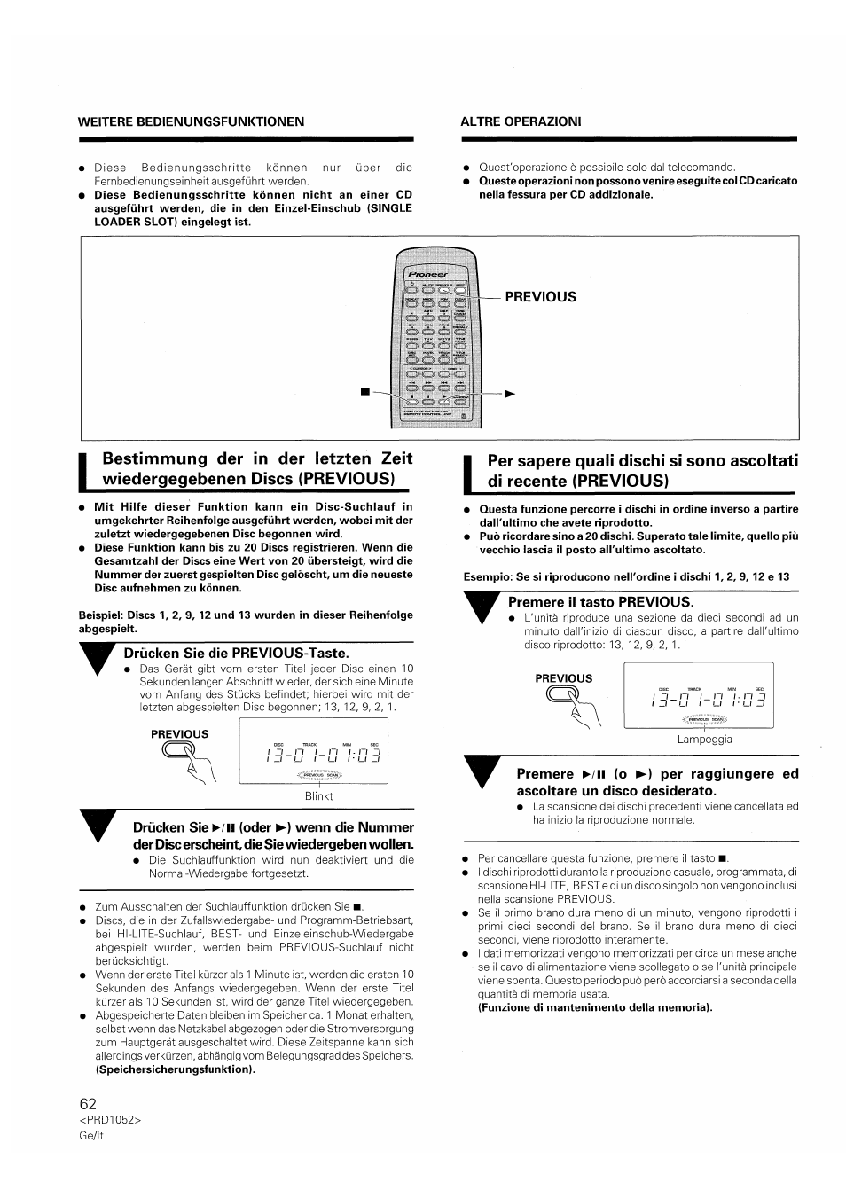 Drücken sie die previous-taste, Premere il tasto previous, Previous | Pioneer PD-F1007 User Manual | Page 62 / 84