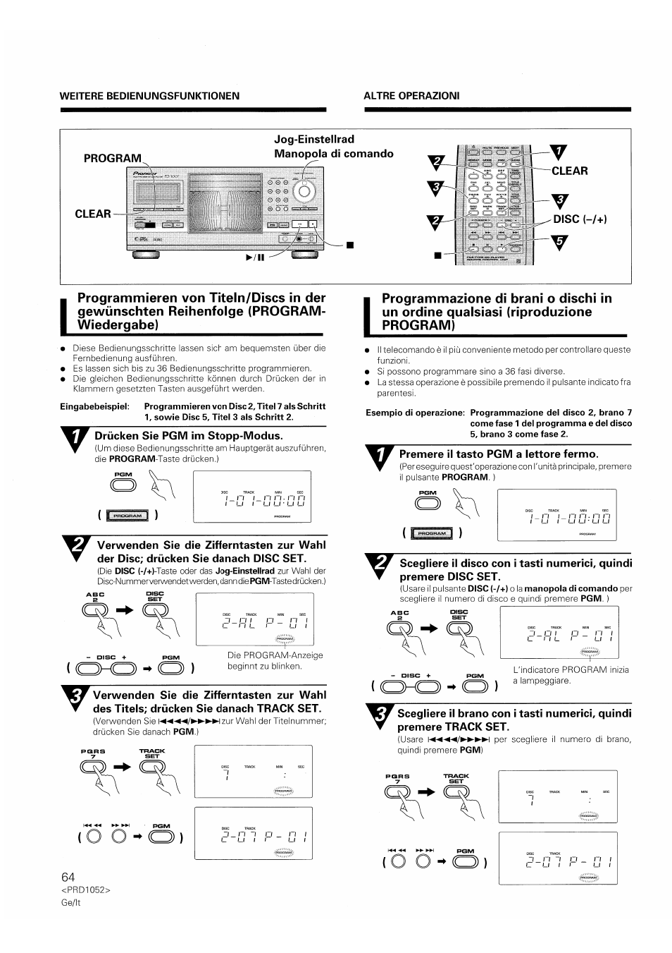 Program, Clear, Jog-einstelirad manopola di comando | Drücken sie pgm im stopp-modus, Premere il tasto pgm a lettore fermo | Pioneer PD-F1007 User Manual | Page 64 / 84