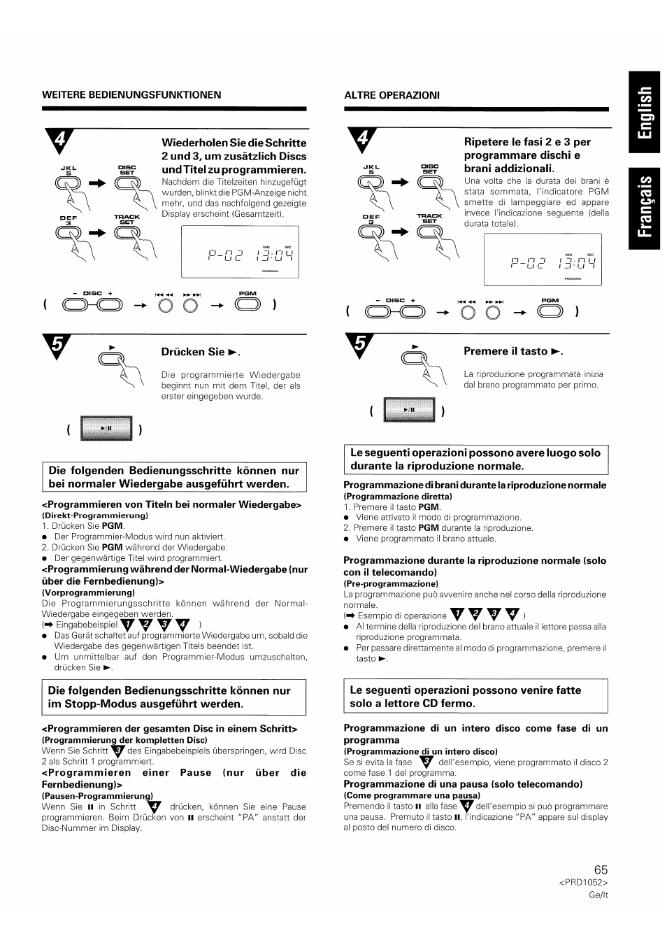 Programmieren von titeln bei normaler wiedergabe, Programmieren der gesamten disc in einem schritt, Oho drücken sie | Opremere il tasto | Pioneer PD-F1007 User Manual | Page 65 / 84