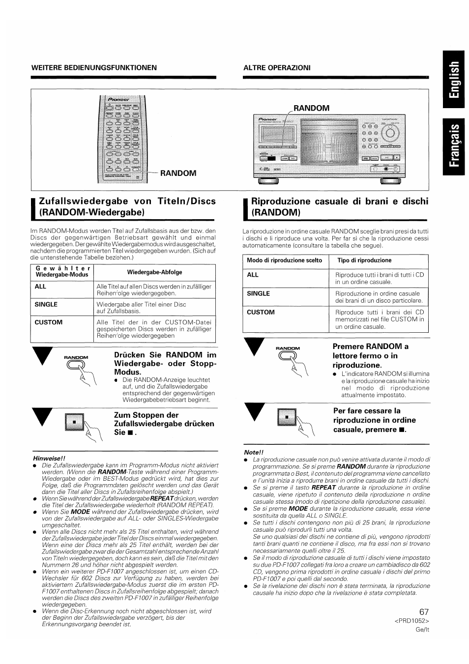 Riproduzione casuale di brani e dischi (random), Random, Random im oder stopp | Drücken sie wiedergabe- modus, Zum stoppen der zufallswiedergabe drücken sie, Premere random a lettore fermo o in riproduzione | Pioneer PD-F1007 User Manual | Page 67 / 84