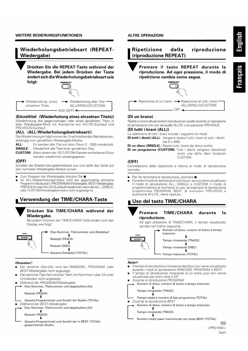 Wiederholungsbetriebsart (repeat- wiedergabe), Verwendung der time/chara-taste, I uso del tasto time/chara | Pioneer PD-F1007 User Manual | Page 69 / 84
