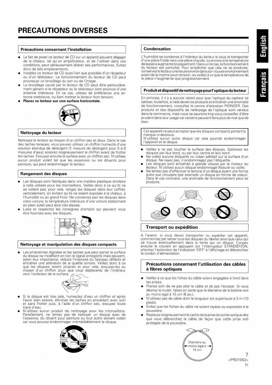 Précautions concernant rînstallation, Condensation, Nettoyage du lecteur | Rangement des disques, Nettoyage et manipulation des disques compacts, Chargement des disoues, Precautions diverses, Précautions concernant i'utilisation des câbles, Fibres optiques | Pioneer PD-F1007 User Manual | Page 7 / 84