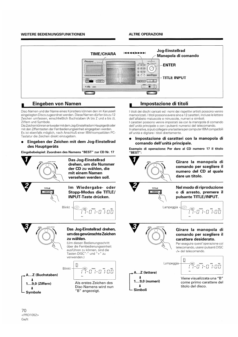 A....z (buchstaben) l, 1 ,0 (ziffern) l, I— symbole | A....z (lettere) l, 1 ,0 (numeri) l, Simboli | Pioneer PD-F1007 User Manual | Page 70 / 84