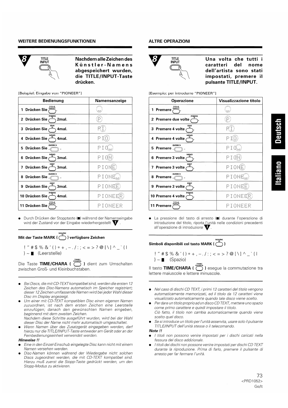 Fil), F’ i ijl), P i l | P 10n:;;p;p, Fpioneie), Fpioneprf, Leerstelle), I (spazio) | Pioneer PD-F1007 User Manual | Page 73 / 84