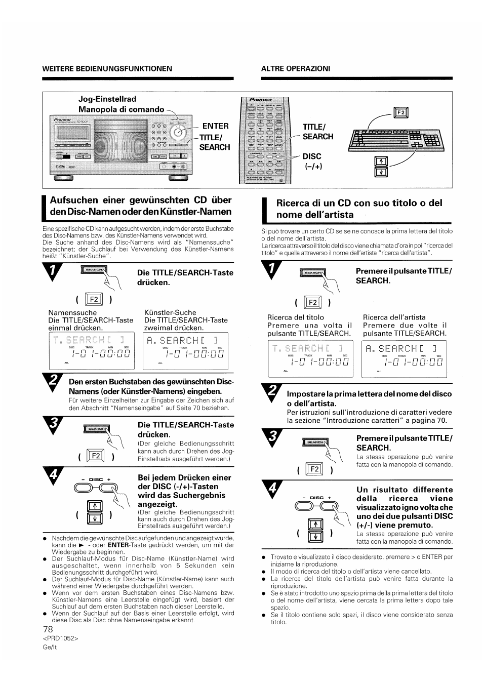 Sf j, Sу ц, Nìrmotc'losrilwaituw | Title/ search disc, Die title/search-taste drücken, Premere ¡1 pulsante title/ search, Premere il pulsantetitle/ search | Pioneer PD-F1007 User Manual | Page 78 / 84
