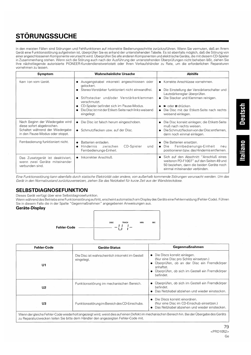 Geräte-display, Störungssuche, Selbstdiagnosefunktion | Pioneer PD-F1007 User Manual | Page 79 / 84