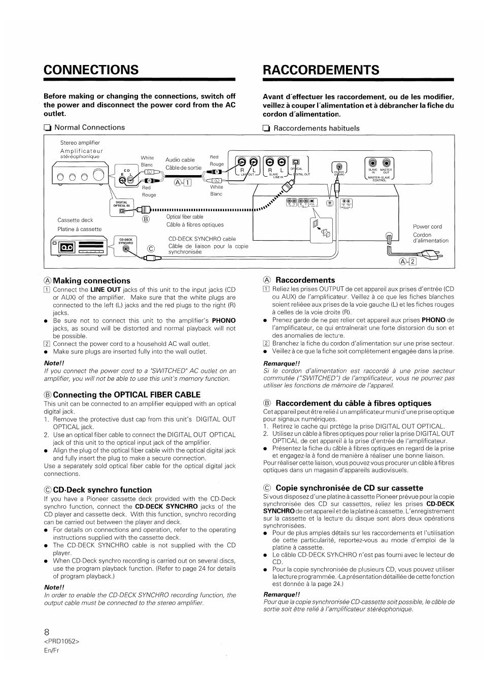 Making connections, Connecting the optical fiber cable, Cd-deck synchro function | Raccordements, Raccordement du câble à fibres optiques, Copie synchronisée de cd sur cassette, Connections raccordements | Pioneer PD-F1007 User Manual | Page 8 / 84